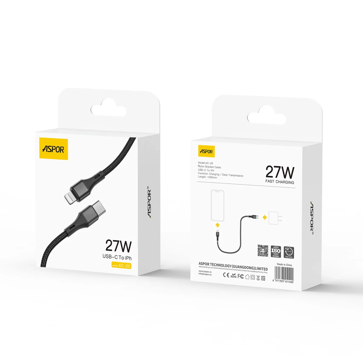Aspor AC-20 USB-C to Lightning 3A Fast Charging Cable 1.2m Durable Nylon Braided Cord