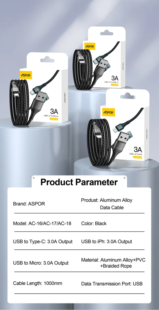Aspor AC16 AC17 AC18 Micro USB Type-C & Lightning 3A Fast Charging Cables