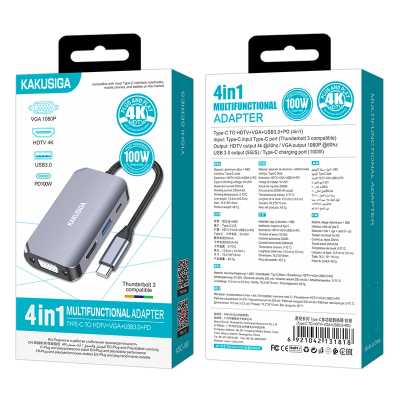 Kakusiga KSC-961 Yishi 4 in 1 USB-C Adapter HDMI 4K VGA 1080p USB 3.0 & 100 W PD