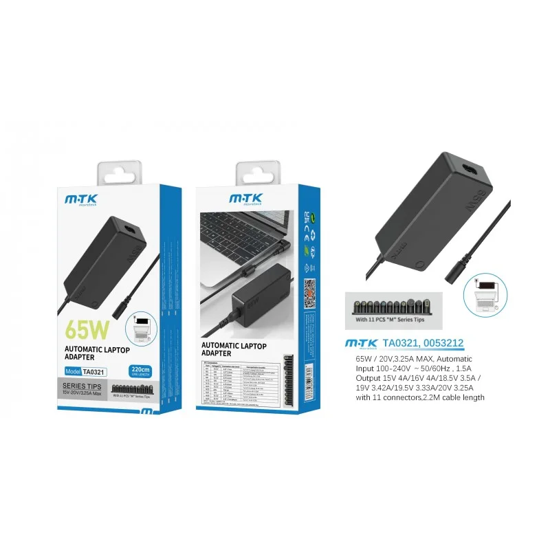 TA0321 65W Automatic Universal Laptop Charging Adapter with 11 M Series Tips