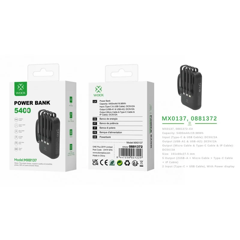 Woox MX0137 5400mAh Power Bank with 4 Cables 5V/2A Black