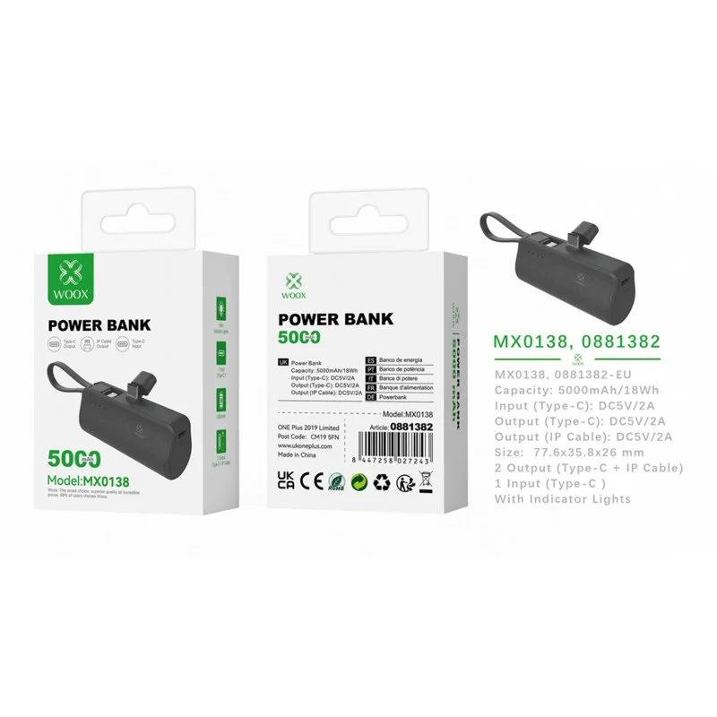 Woox MX0138 5000mAh Power Bank with Lightning Cable and USB-C Connector