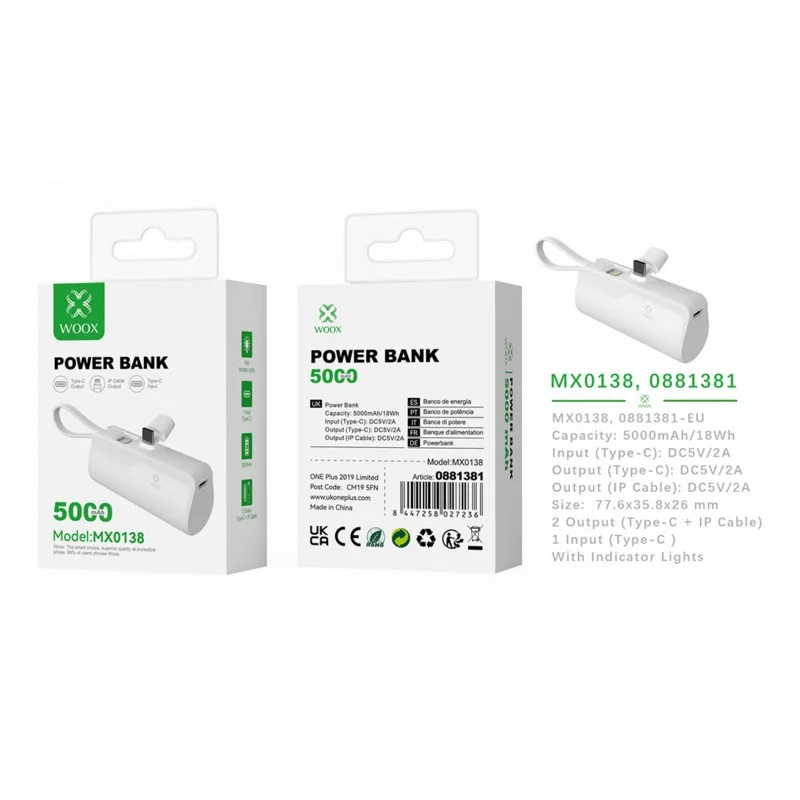 Woox MX0138 5000mAh Power Bank with Lightning Cable and USB-C