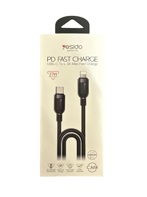 Yesido CA191 2m Type-C to Lightning Cable 27W Fast Charging Braided Durable Design