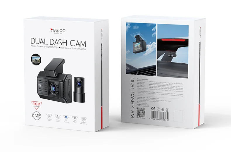 Yesido KM15 Dual Dash Cam Front Camera 3840X2160P 30fps Rear 1920X1080 30fps